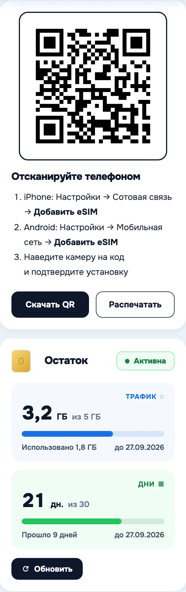 Страница заказа: QR-код для установки, ниже остаток трафика 3,2 из 5 ГБ и остаток 21 из 30 дней