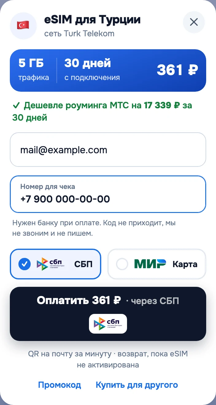 Окно оплаты на сайте: выбран способ СБП, рядом карта МИР, внизу кнопка оплаты