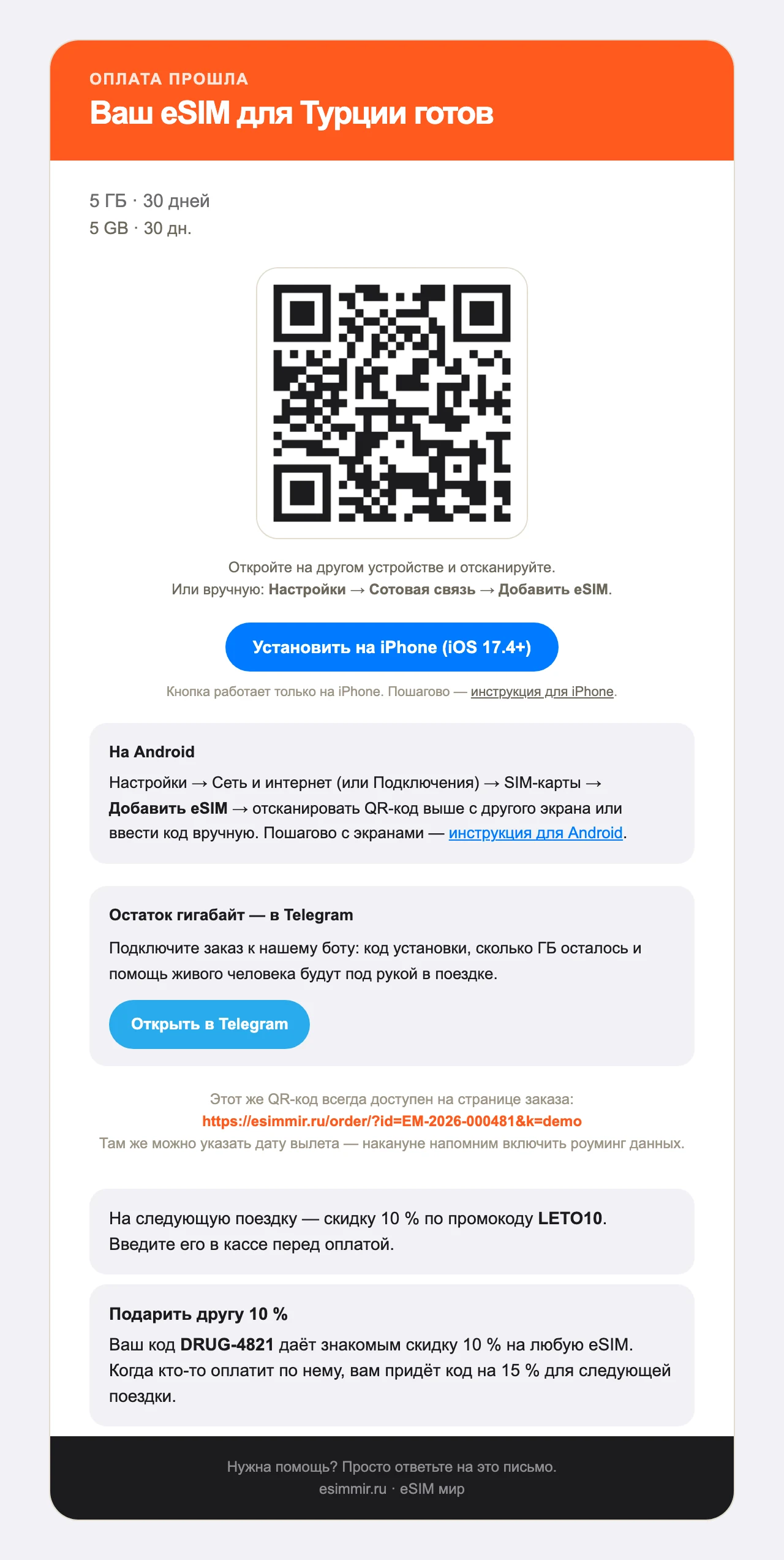 Письмо после оплаты: QR-код eSIM, кнопка установки на iPhone и путь по меню для Android